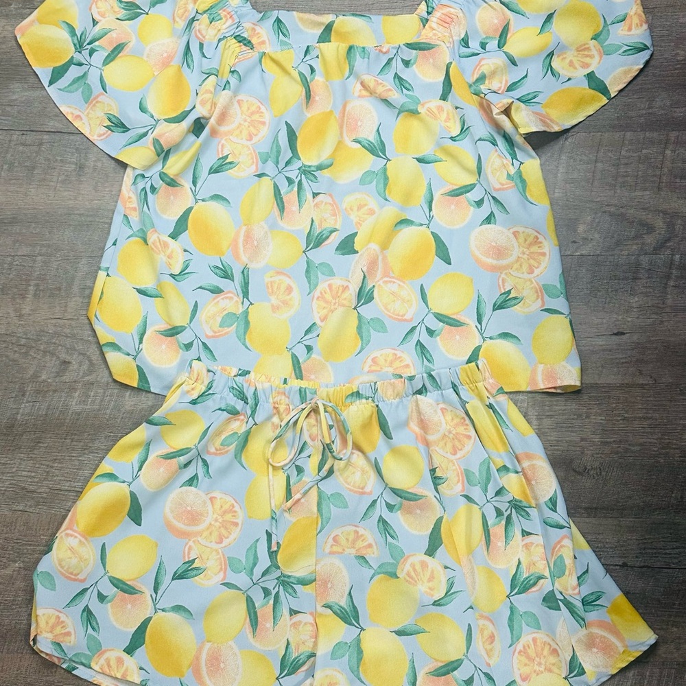 Floral Lemon Print Blouse and shorts - Yellow & Green